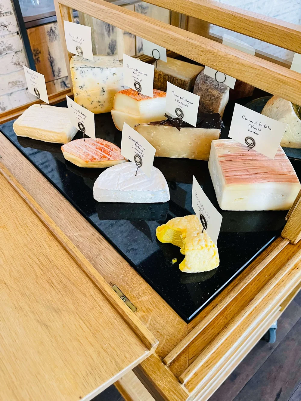 Cheese selections in cheese cart